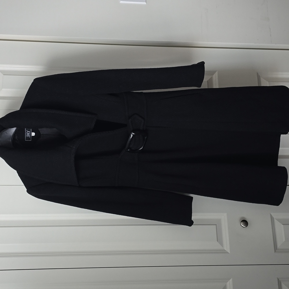 Jay, Elegant Black Wool Blend Winter Coat with Built-in Belt, 6